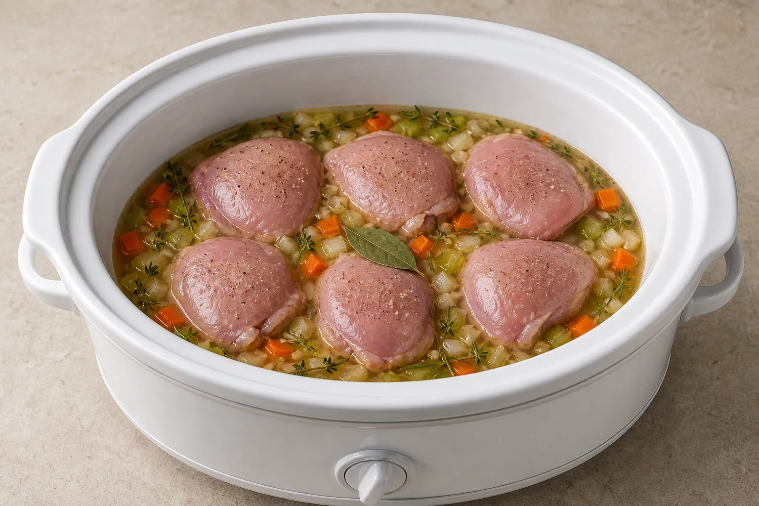 Raw chicken thighs over carrots, celery, onion and herb broth in a slow cooker