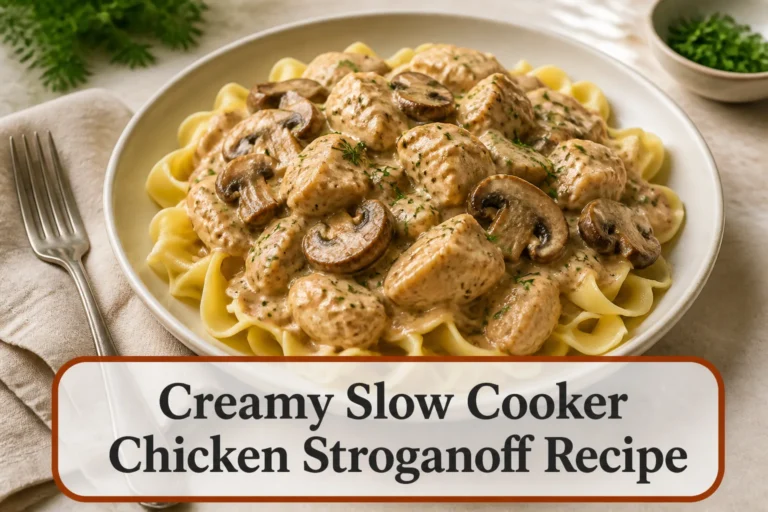 Chicken and mushroom stroganoff over egg noodles with title reading Creamy Slow Cooker Chicken Stroganoff Recipe