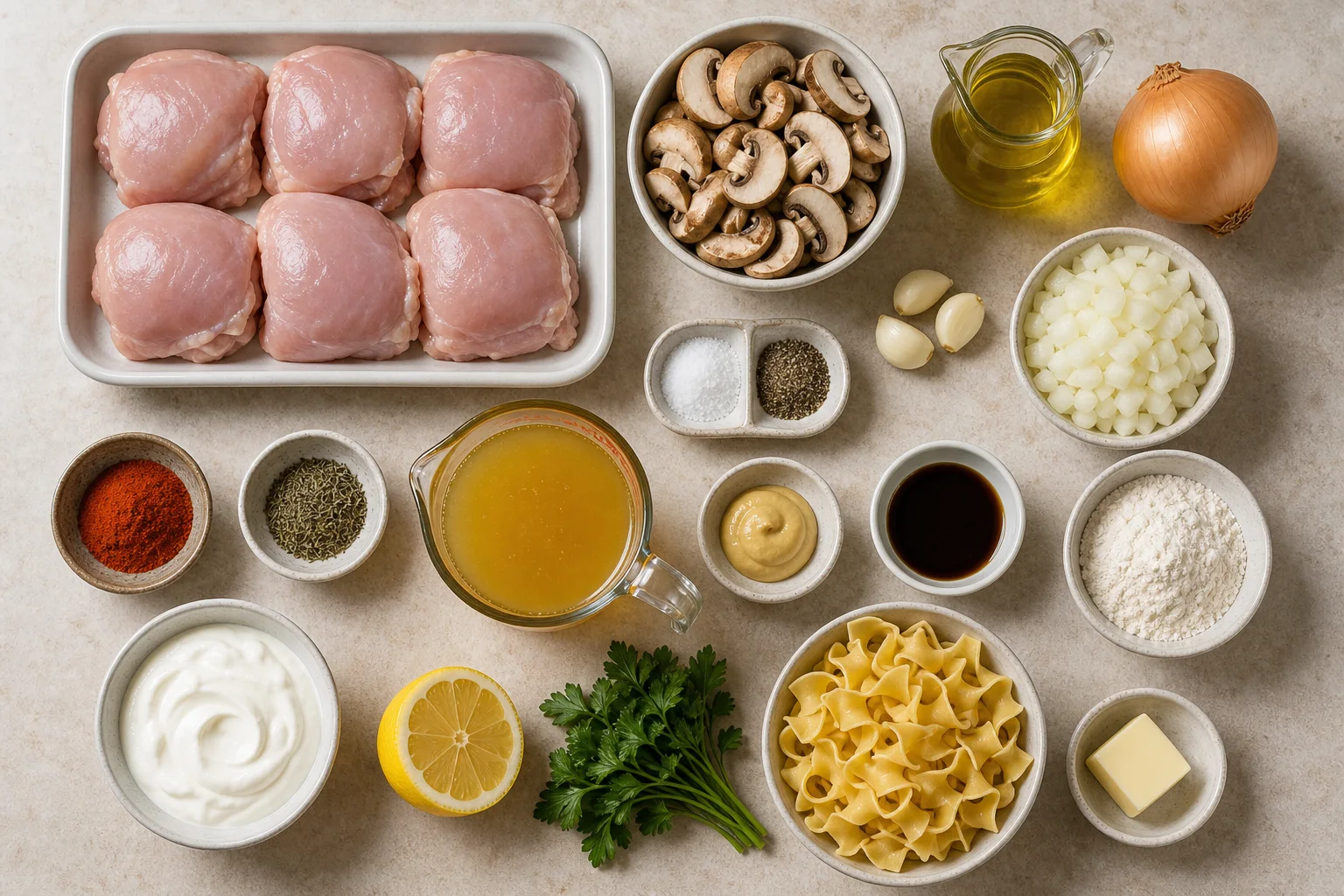 Chicken thighs, mushrooms, broth, sour cream, noodles, onion, garlic and seasonings