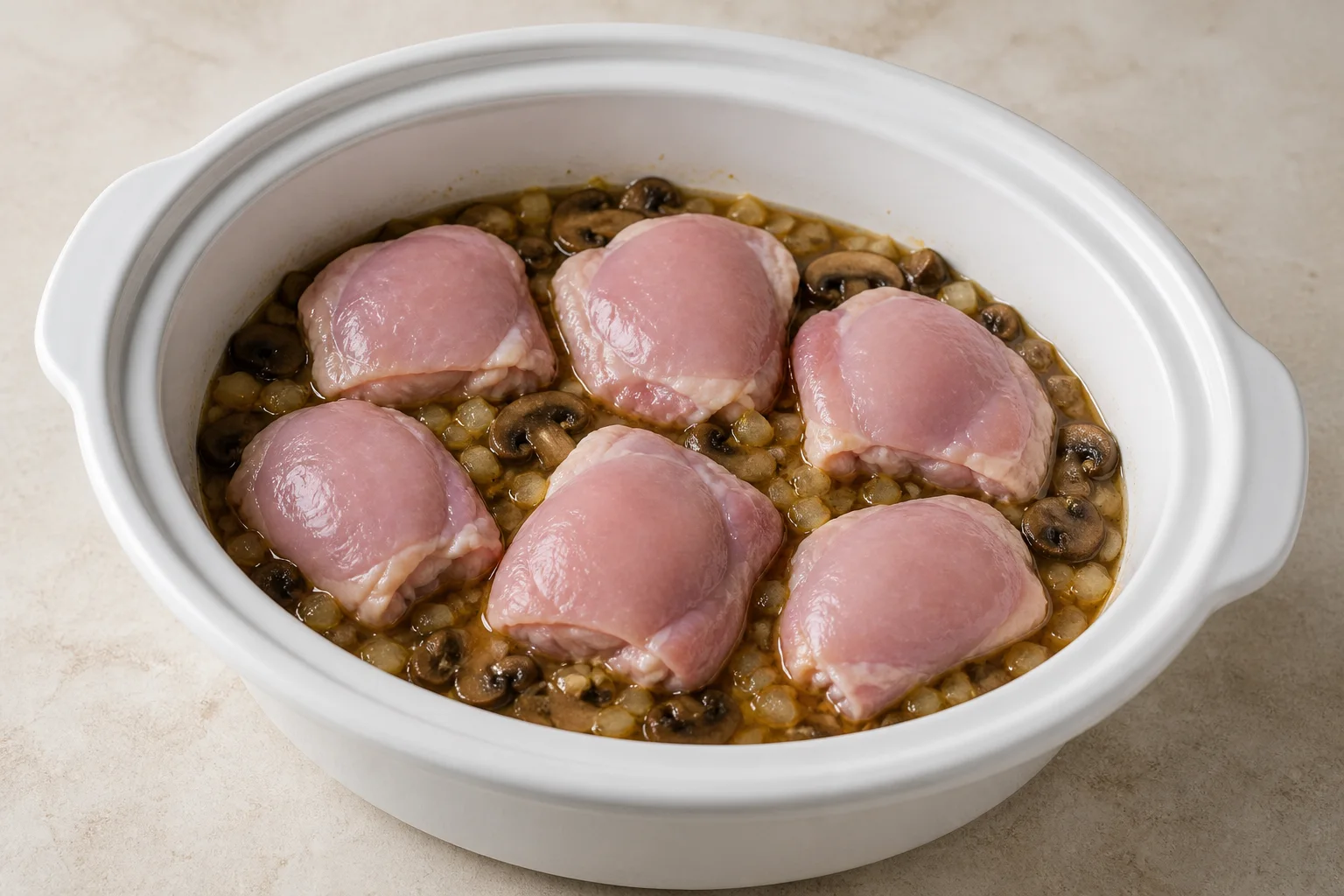 Raw seasoned chicken thighs over browned mushrooms and onion broth in a slow cooker