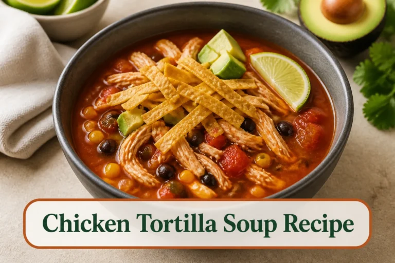 Chicken tortilla soup in a charcoal bowl with shredded chicken, black beans, corn and tomato broth, crisp tortilla strips, avocado and lime added on top. The lower title bubble reads Chicken Tortilla Soup Recipe.
