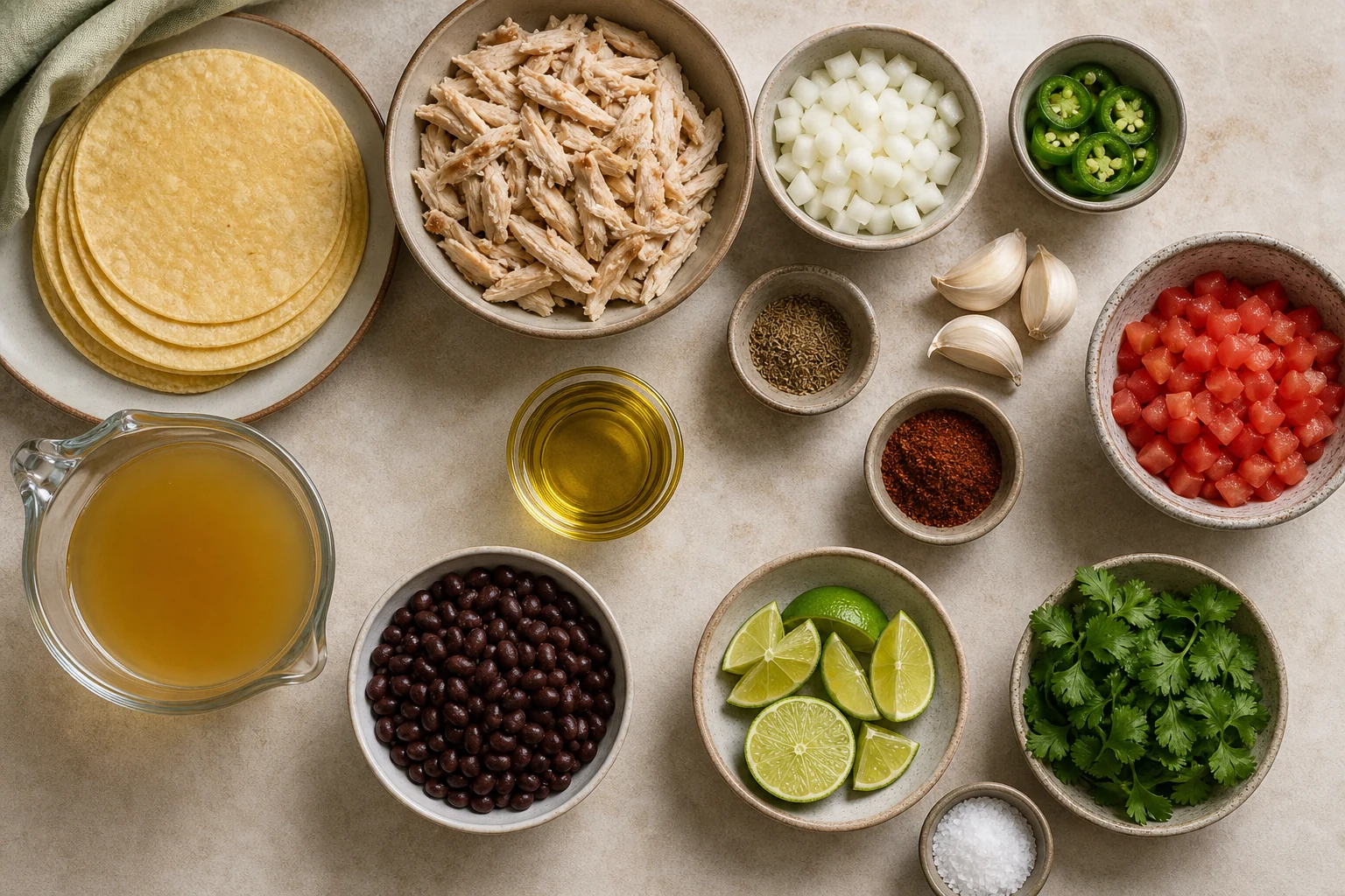 Corn tortillas, chicken, onion, jalapeño, garlic, cumin, chili powder, tomatoes, broth, black beans, corn, lime, cilantro, oil and salt overhead.
