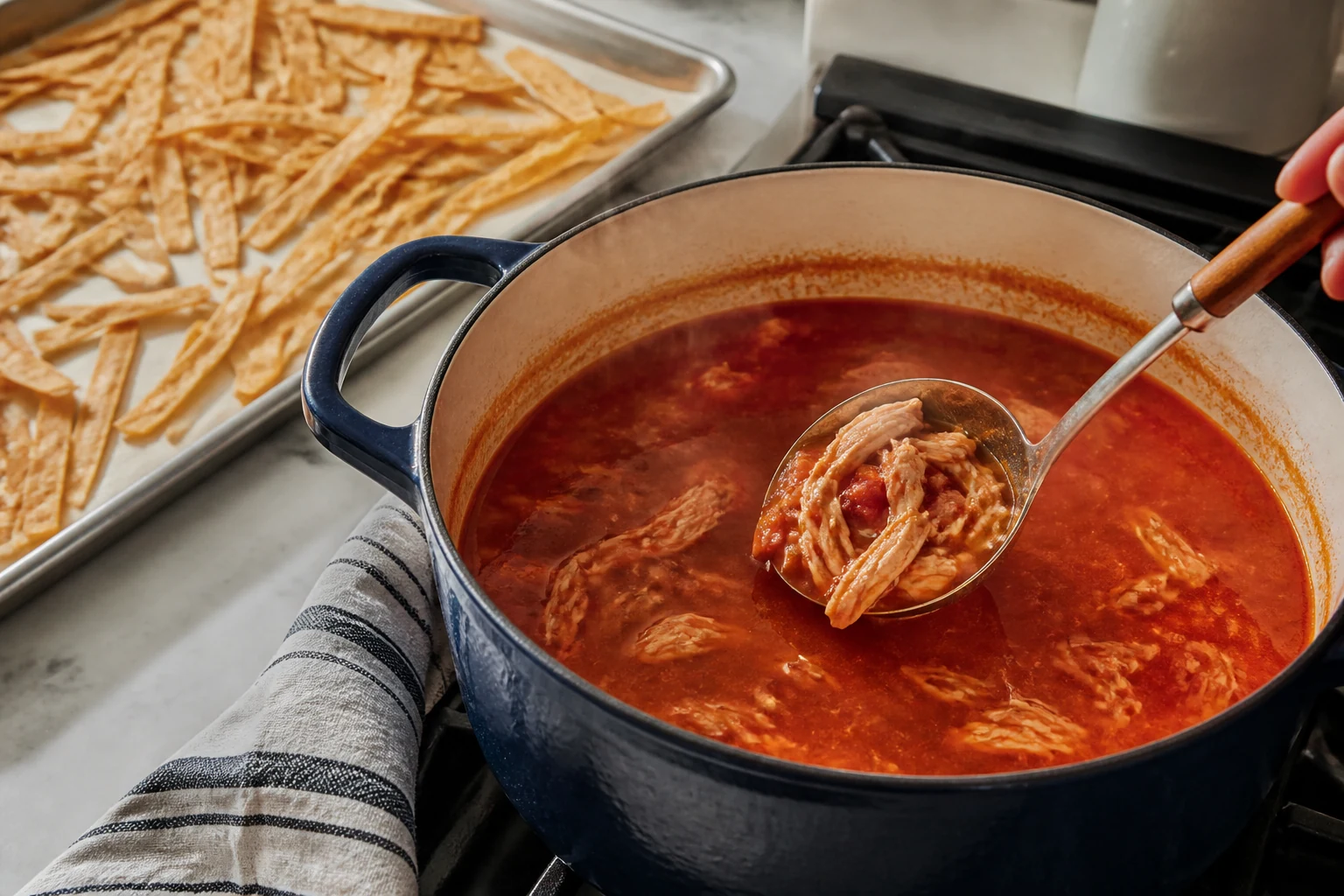Chicken gently simmering in red tomato broth in a heavy pot while crisp tortilla strips cool separately on a sheet pan.