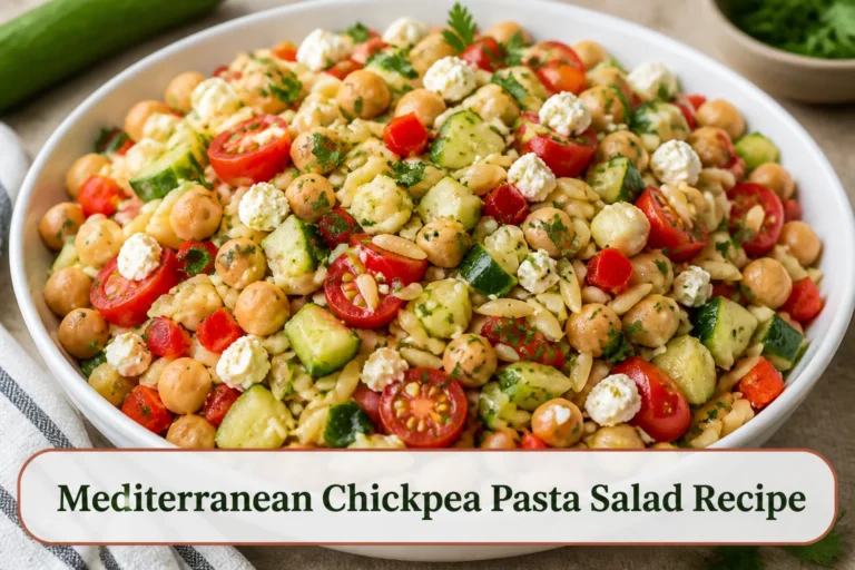 Mediterranean chickpea pasta salad with tomatoes, cucumber, peppers, feta and parsley in a wide bright bowl.; title text reads Mediterranean Chickpea Pasta Salad Recipe