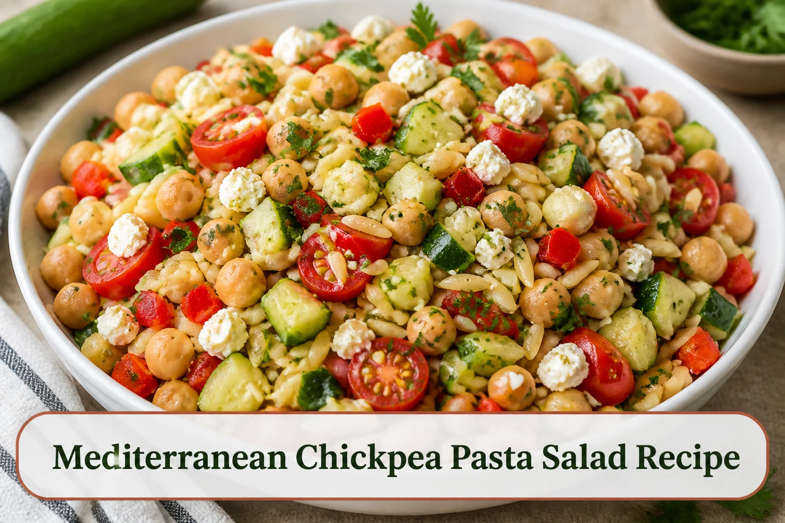Mediterranean chickpea pasta salad with tomatoes, cucumber, peppers, feta and parsley in a wide bright bowl.; title text reads Mediterranean Chickpea Pasta Salad Recipe