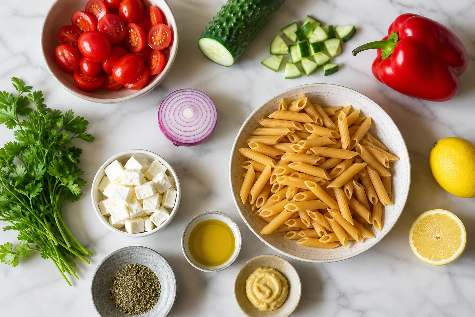 Chickpea pasta, tomatoes, cucumber, pepper, onion, feta, parsley, olive oil, lemon, Dijon and oregano.