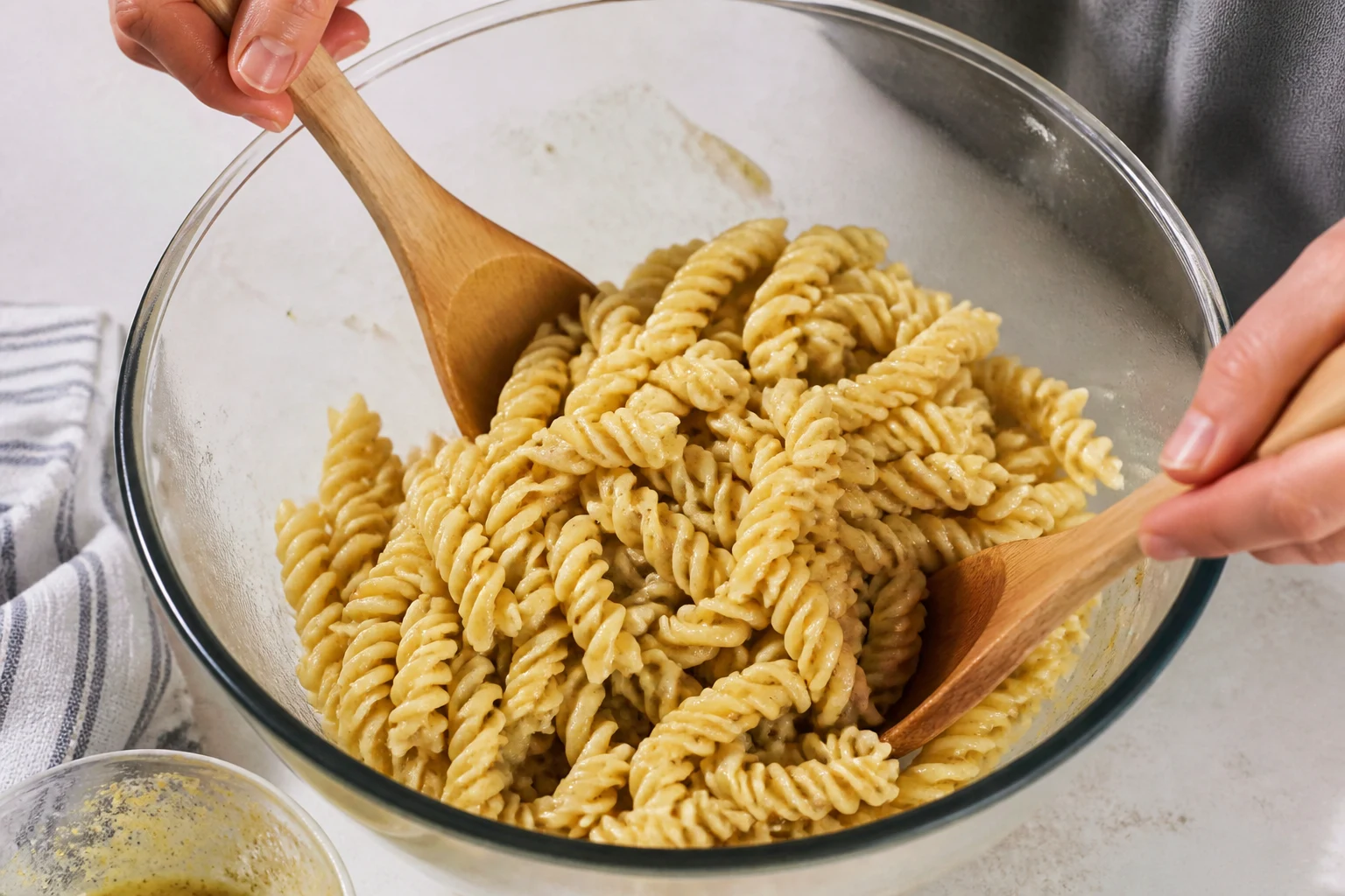Warm drained chickpea pasta being tossed with lemon-Dijon vinaigrette before crisp vegetables are added.