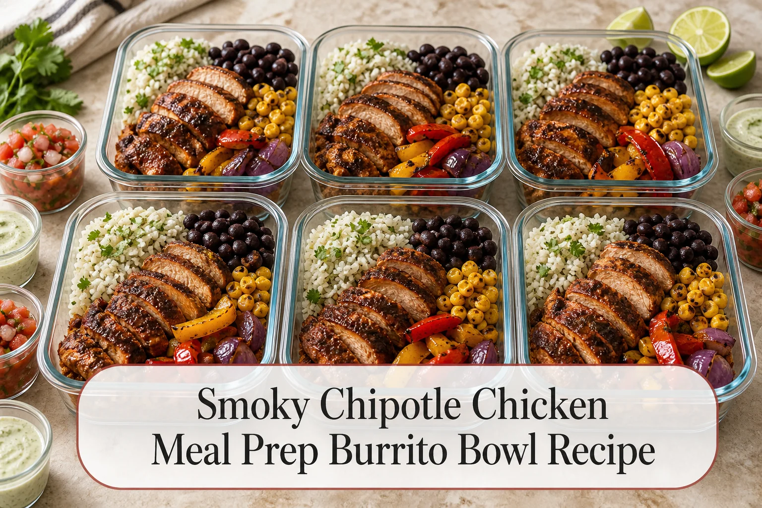 Chipotle chicken burrito bowls with title reading Smoky Chipotle Chicken Meal Prep Burrito Bowl Recipe