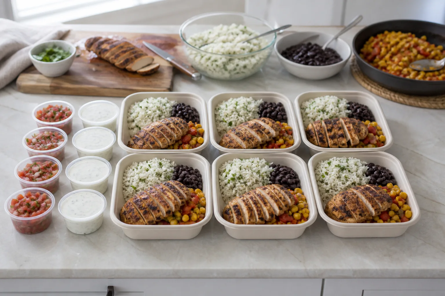 Cooked chipotle chicken, lime rice, black beans and roasted vegetables being portioned with cold toppings in separate cups