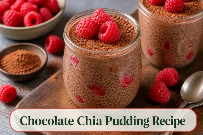 Creamy chocolate chia pudding in glass jars with cocoa-dusted tops, raspberries and evenly suspended seeds.; title text reads Chocolate Chia Pudding Recipe