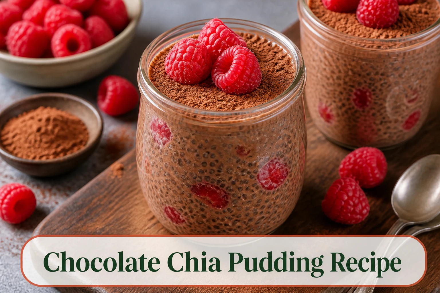 Creamy chocolate chia pudding in glass jars with cocoa-dusted tops, raspberries and evenly suspended seeds.; title text reads Chocolate Chia Pudding Recipe