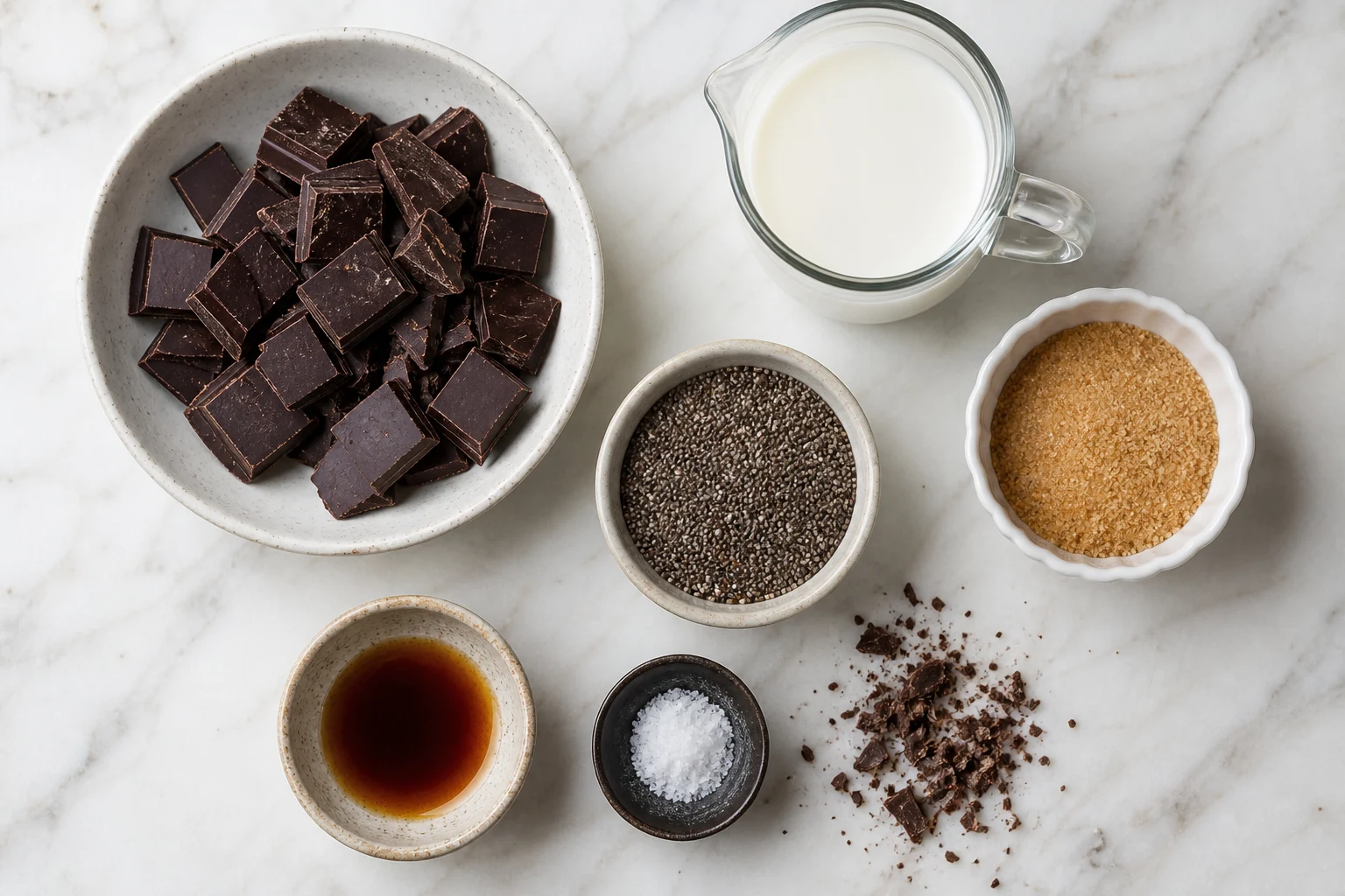 chocolate ingredients, chia seeds, milk, sweetener, vanilla and salt arranged in a clean flat-lay.