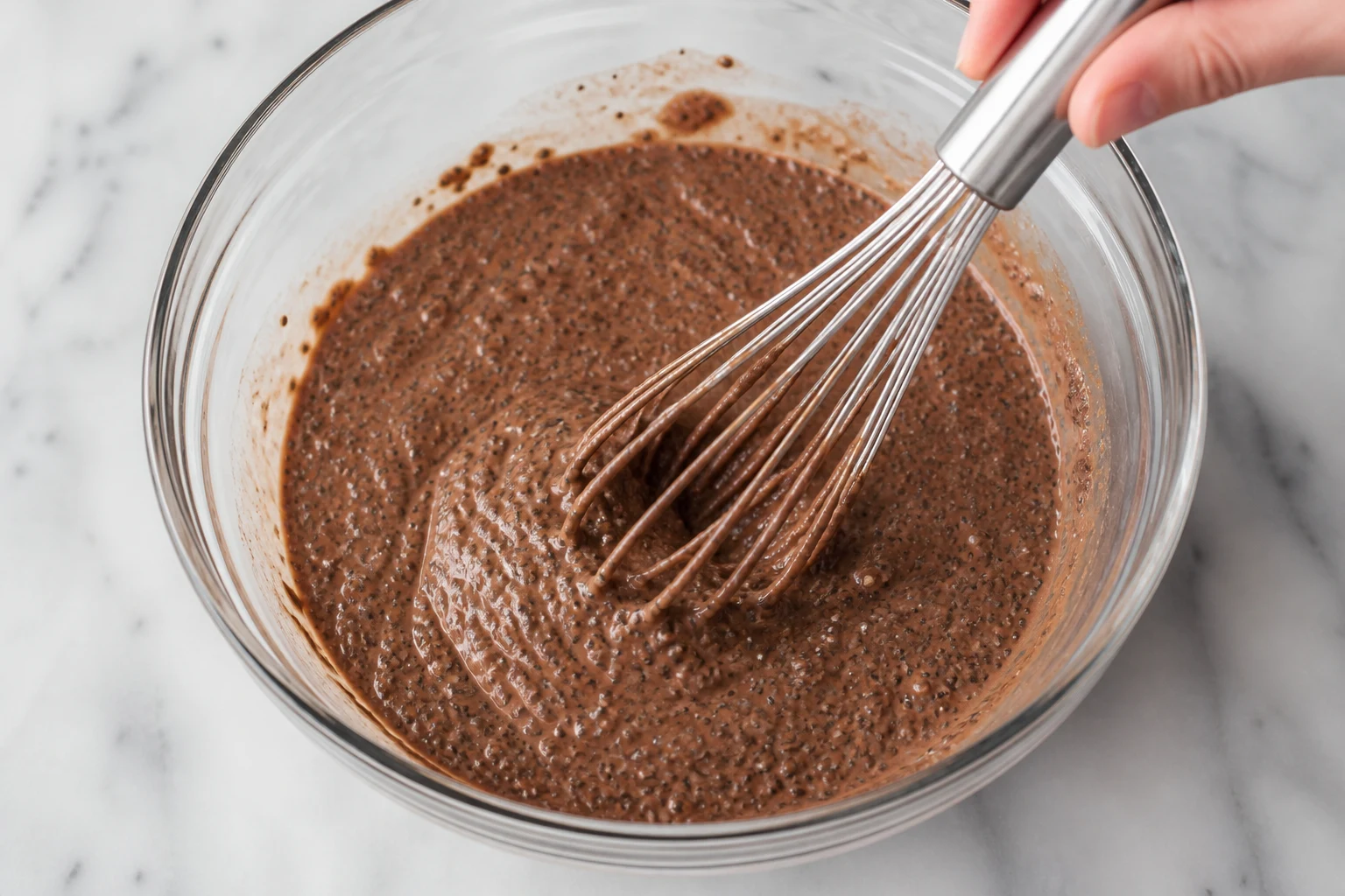 Hydrated chocolate chia pudding being whisked a second time, with evenly suspended seeds and no clumps.