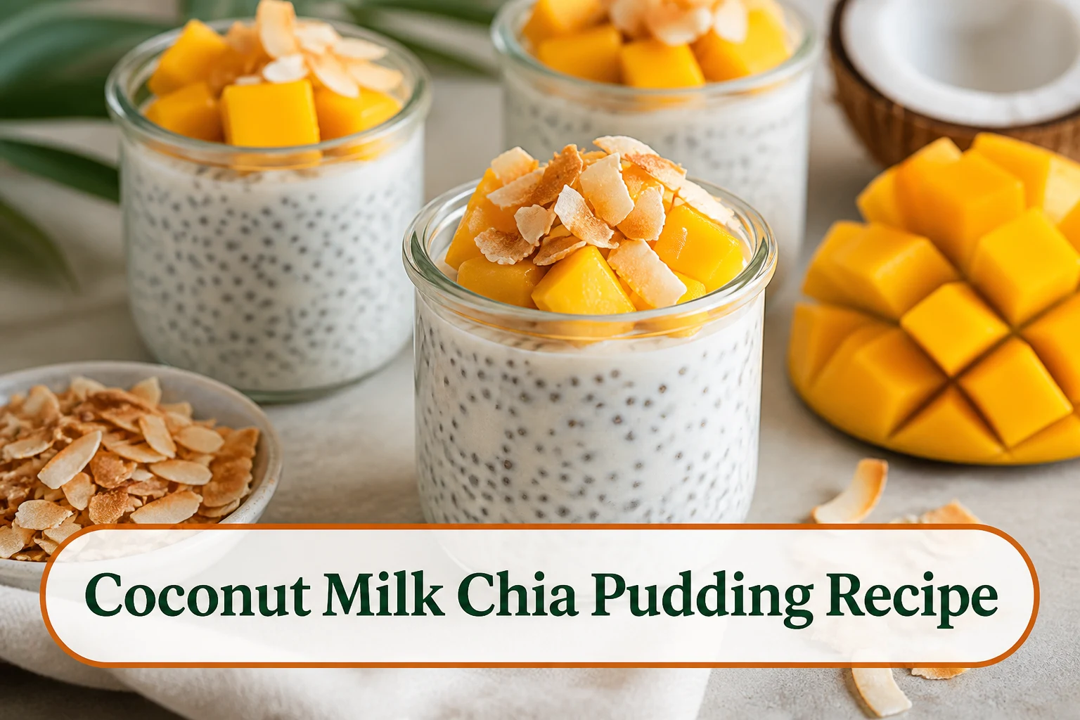 White coconut milk chia pudding in small jars with toasted coconut and mango, smooth creamy consistency visible.; title text reads Coconut Milk Chia Pudding Recipe