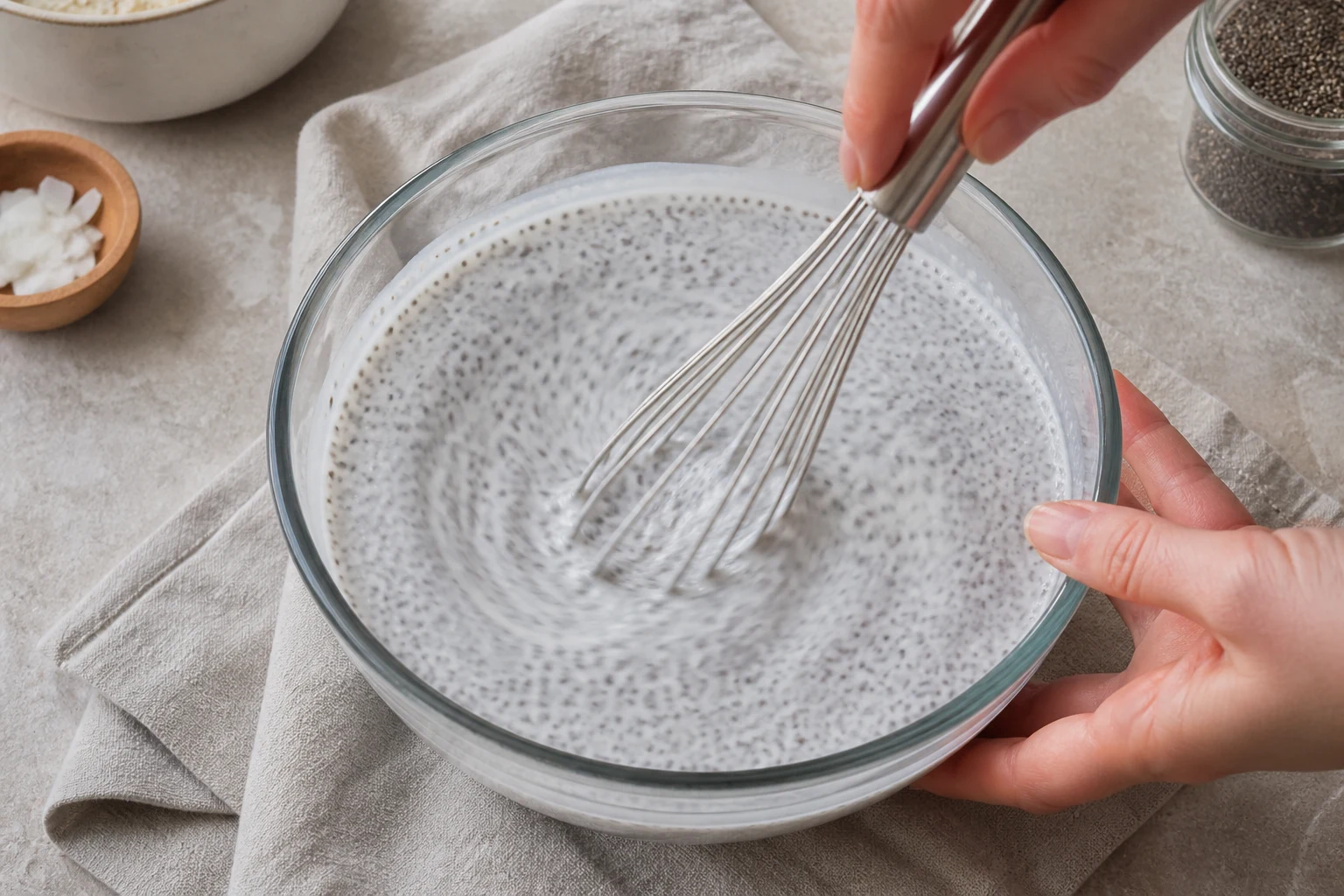 Hydrated coconut milk chia pudding being whisked a second time, with evenly suspended seeds and no clumps.