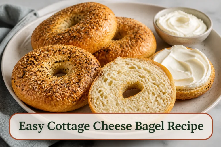 Four golden cottage cheese bagels with everything seasoning, one split to show a moist chewy crumb, cream cheese nearby.; title text reads Easy Cottage Cheese Bagel Recipe