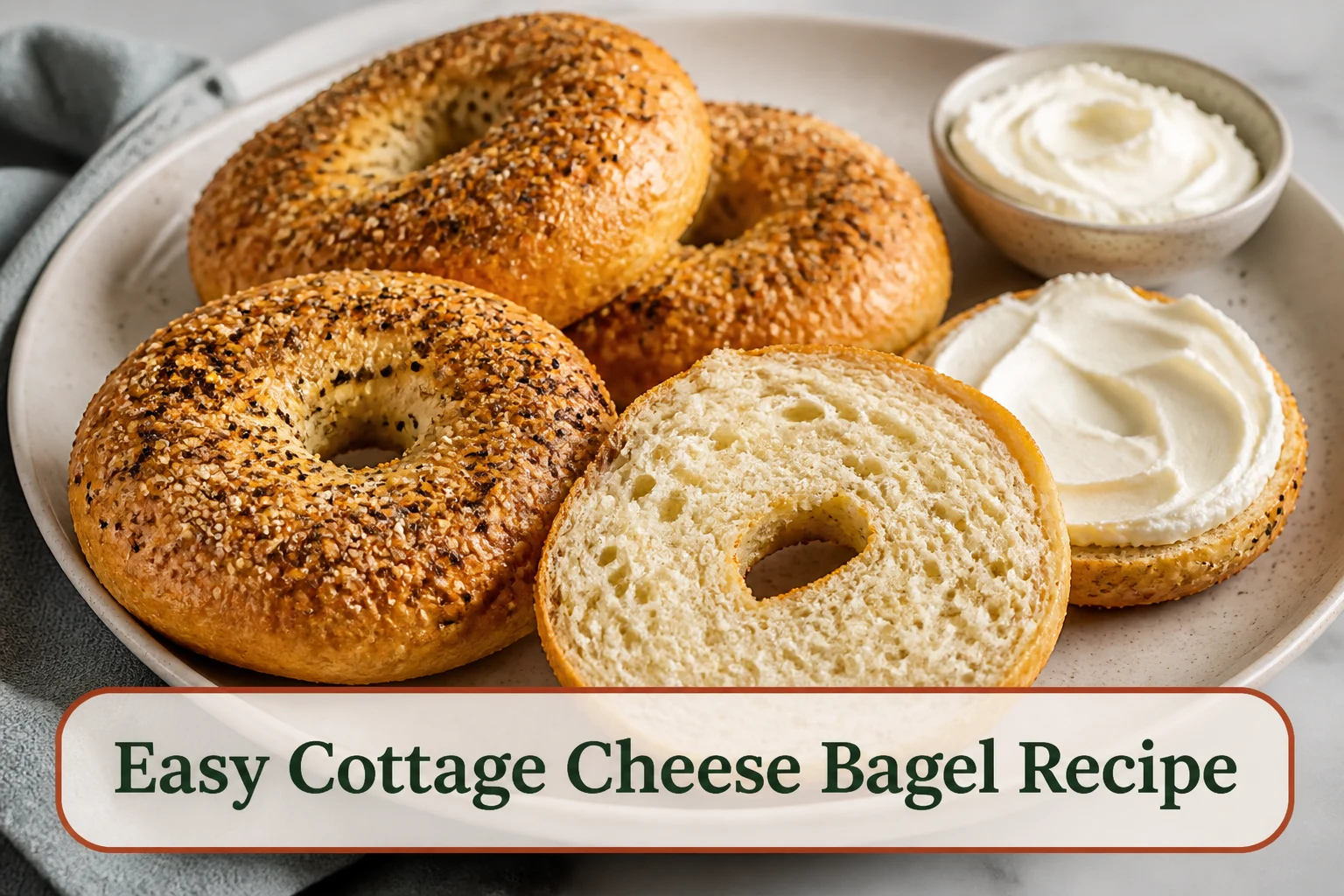 Four golden cottage cheese bagels with everything seasoning, one split to show a moist chewy crumb, cream cheese nearby.; title text reads Easy Cottage Cheese Bagel Recipe