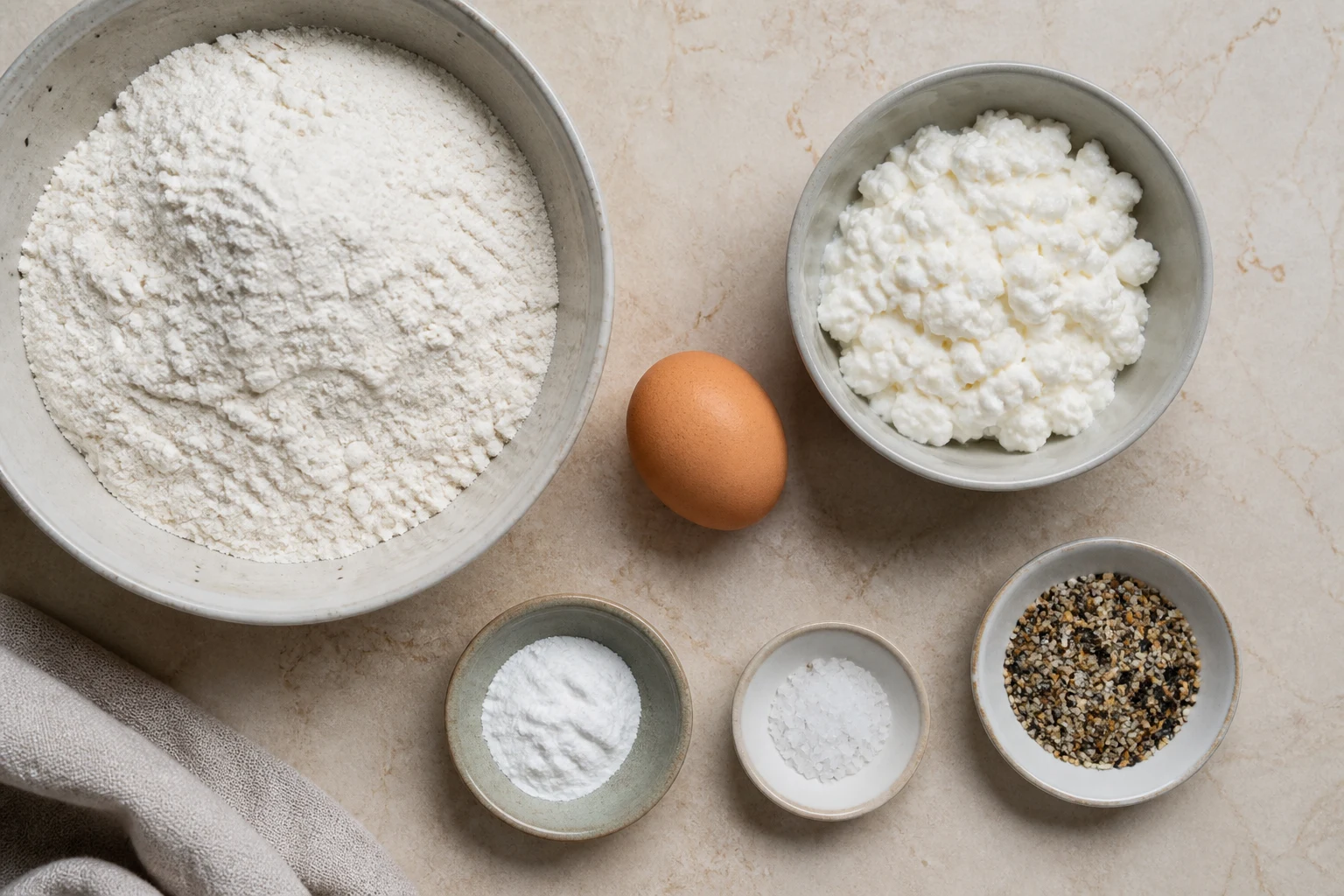 Flour, baking powder, salt, cottage cheese, egg and everything seasoning arranged on a baking counter.