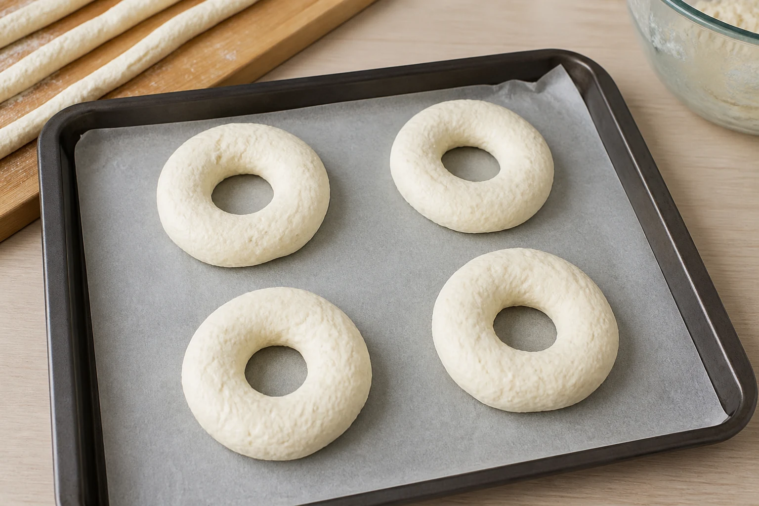 Soft cottage-cheese dough divided into ropes and shaped into four rings on parchment.