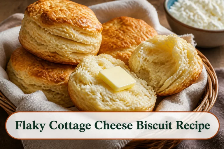 Tall flaky cottage cheese biscuits in a linen-lined basket, one split open with visible tender layers and a pat of butter.; title text reads Flaky Cottage Cheese Biscuit Recipe