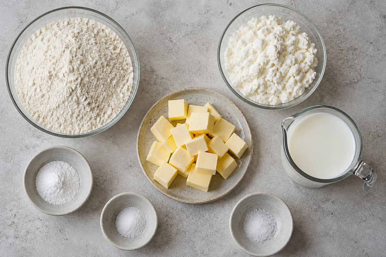 Flour, baking powder, baking soda, salt, cold butter, cottage cheese and milk arranged on a baking surface.