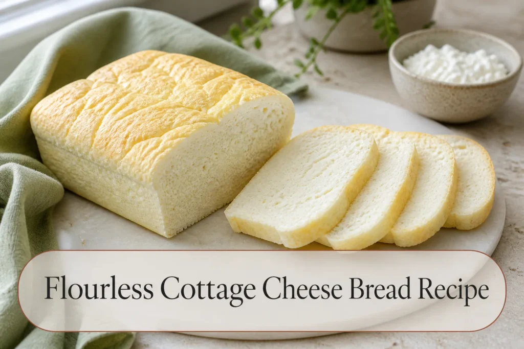 Sliced flourless cottage cheese bread with title reading Flourless Cottage Cheese Bread Recipe