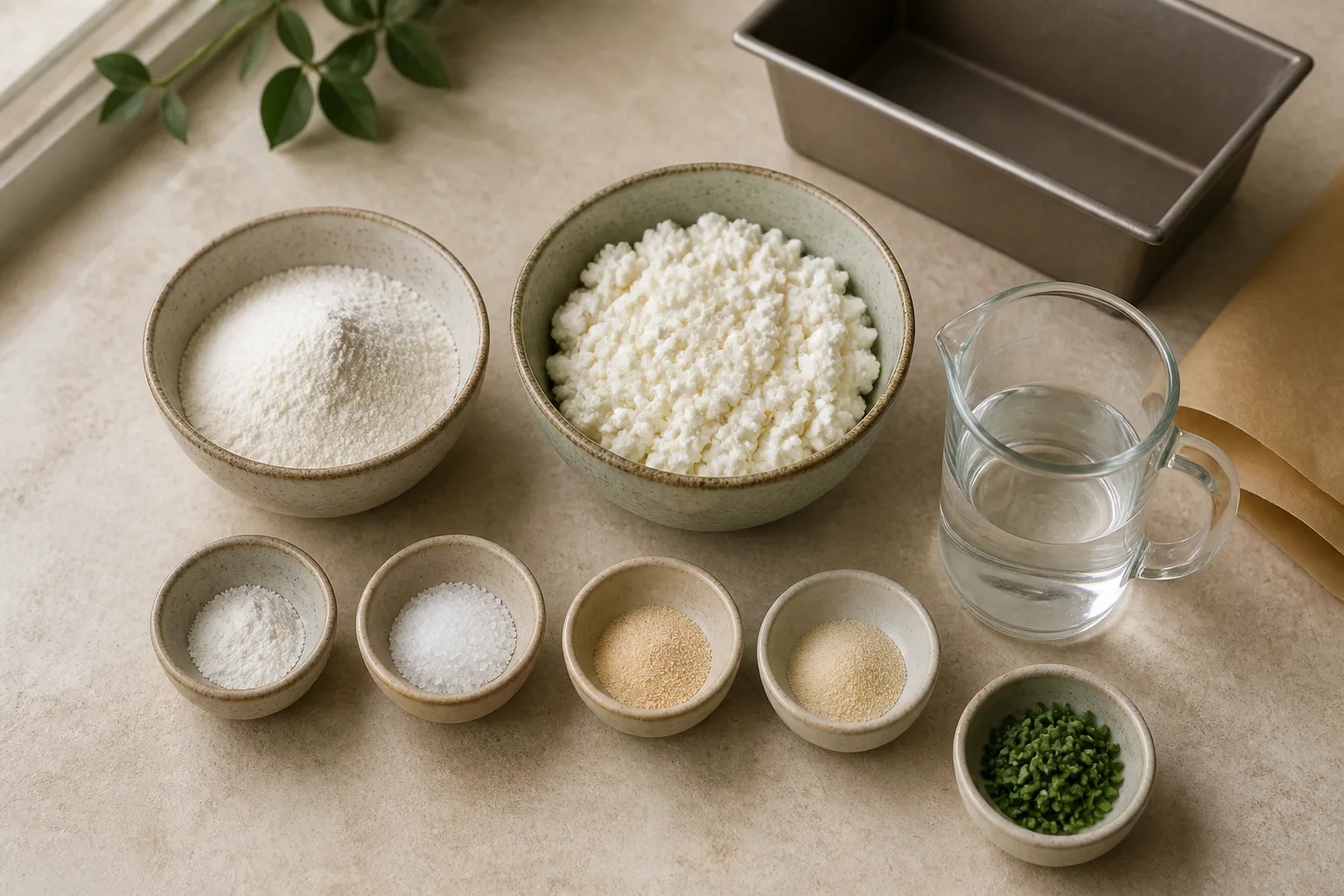 Egg white powder, cottage cheese, water, cream of tartar, salt, garlic powder, onion powder and dried herbs