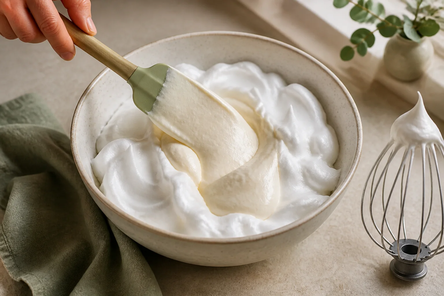Spatula gently folding smooth cottage cheese into glossy stiff egg white foam