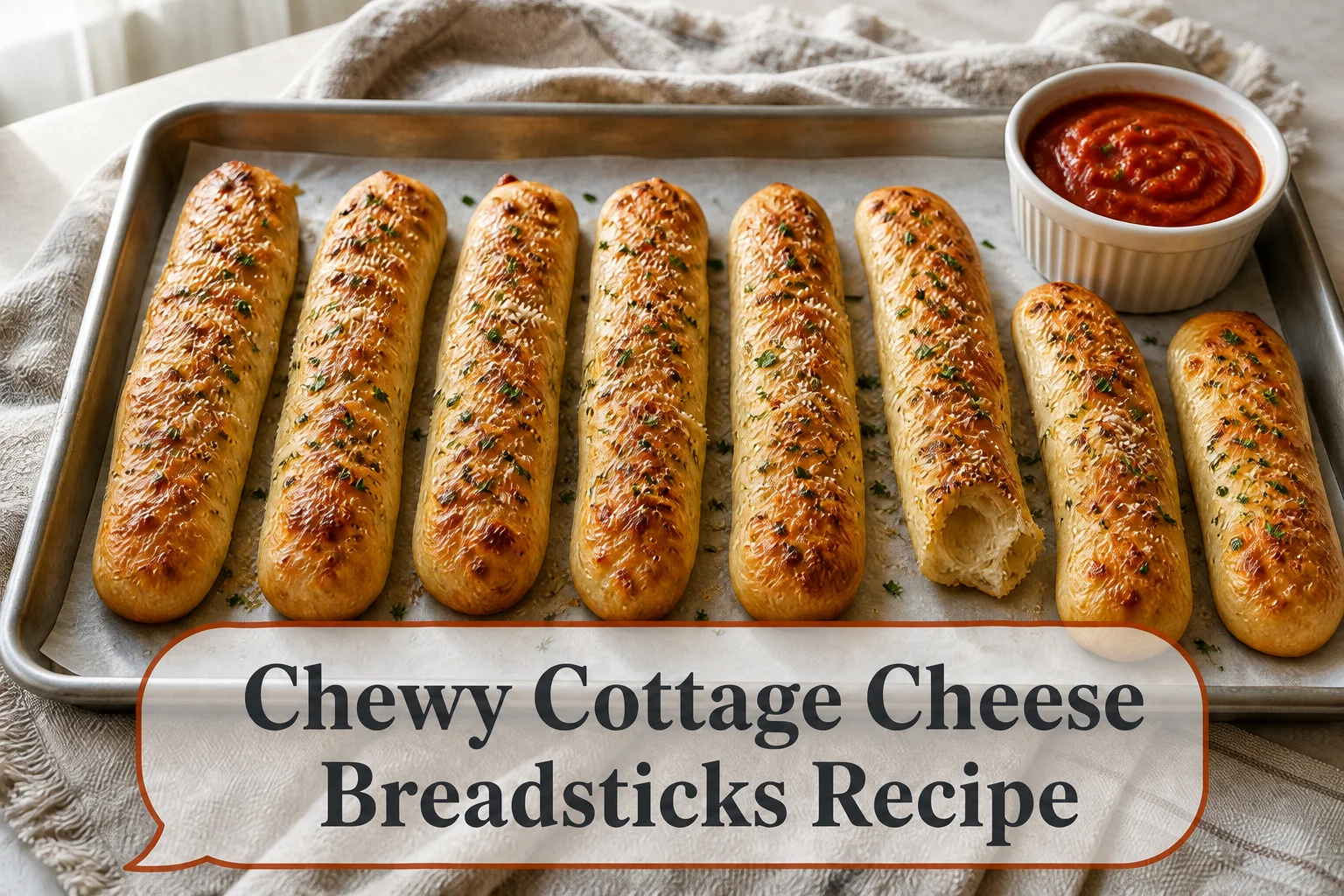 Golden breadsticks with title reading Chewy Cottage Cheese Breadsticks Recipe