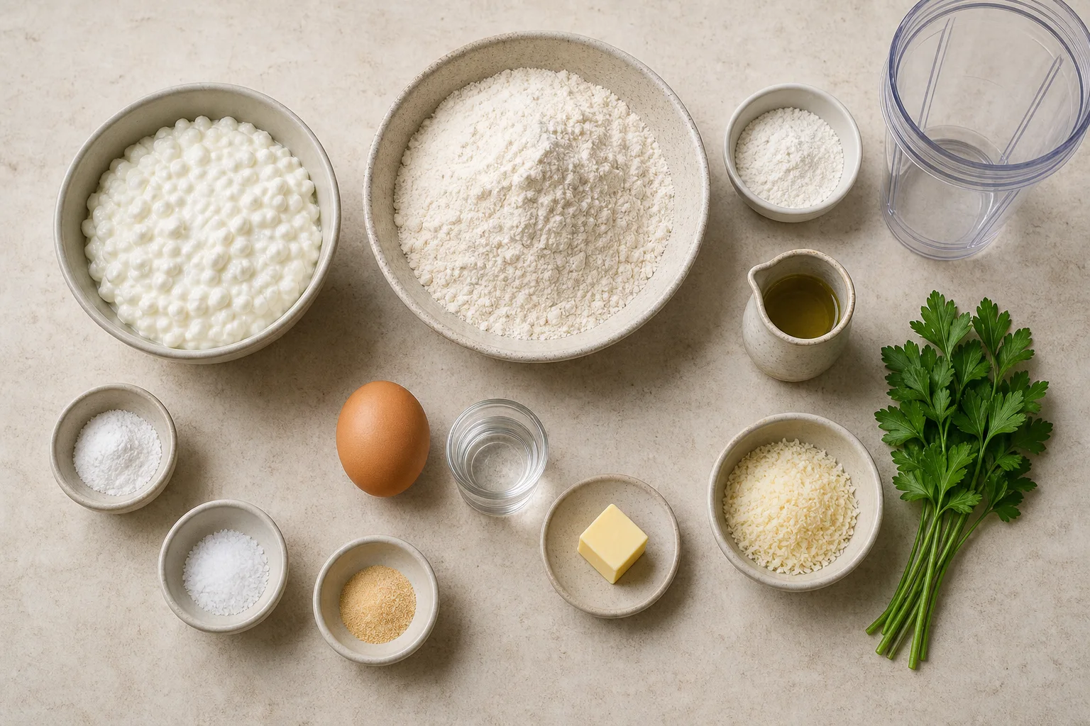 Cottage cheese, flour, baking powder, egg, butter, Parmesan, garlic powder and parsley