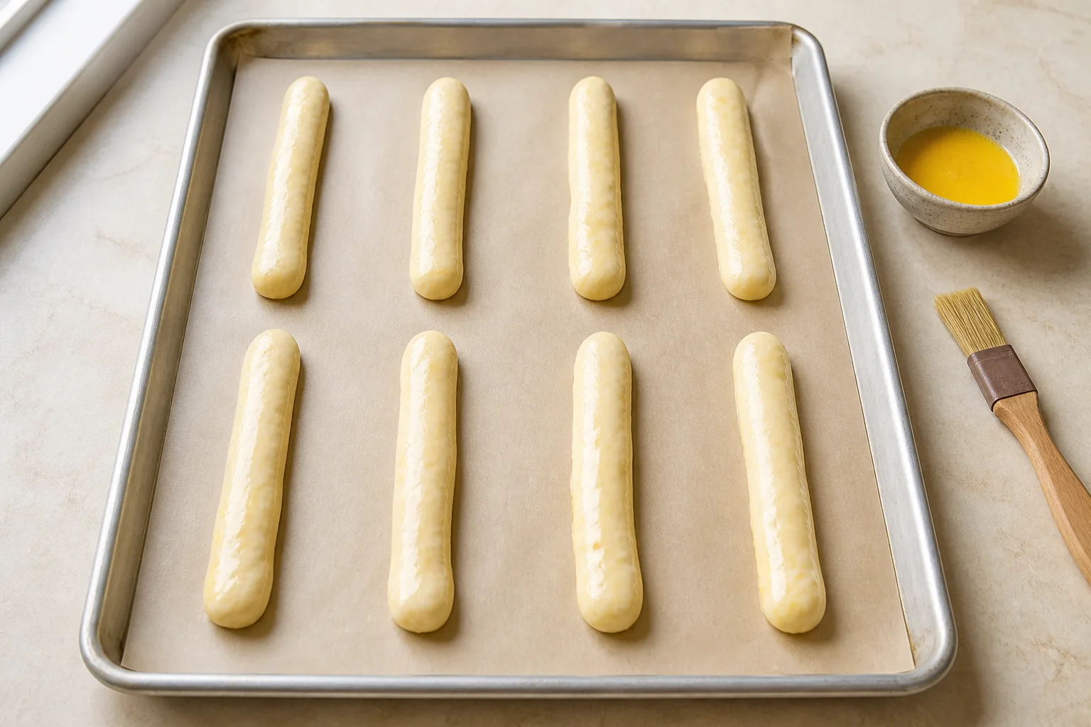 Eight cottage cheese dough ropes on a parchment-lined sheet pan before baking