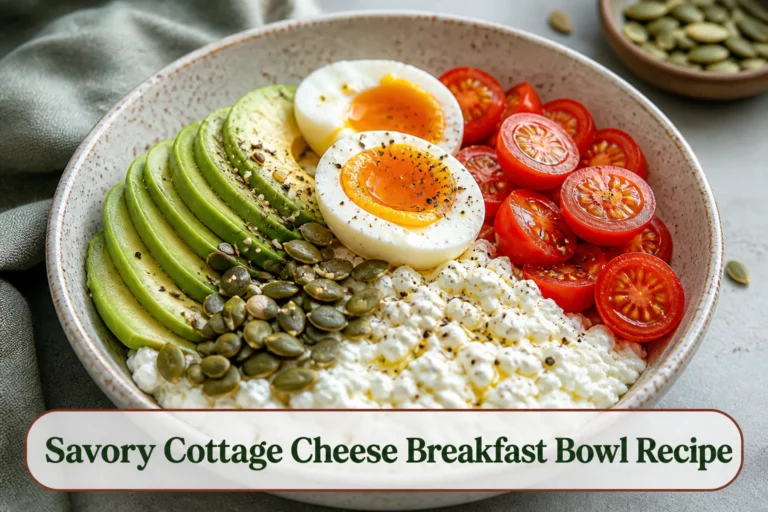 Savory cottage cheese breakfast bowl with sliced avocado, jammy egg, cherry tomatoes and pumpkin seeds in distinct colorful sections.; title text reads Savory Cottage Cheese Breakfast Bowl Recipe