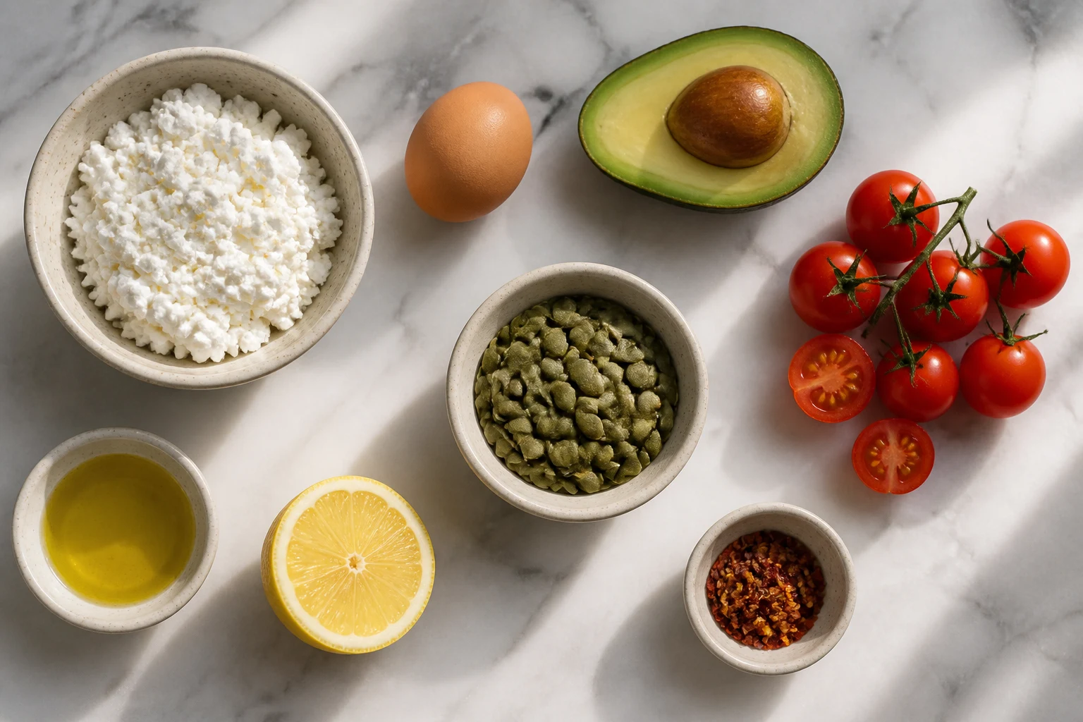 Cottage cheese, egg, avocado, cherry tomatoes, pumpkin seeds, lemon, olive oil and red pepper flakes.