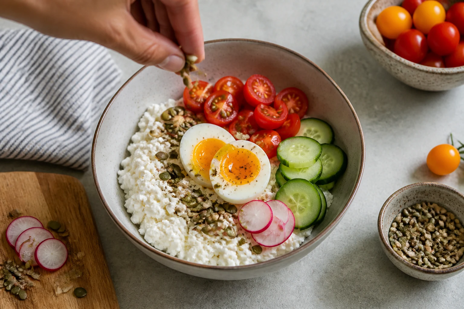 Creamy cottage cheese being topped with neatly arranged vegetables, warm egg and crunchy seeds.