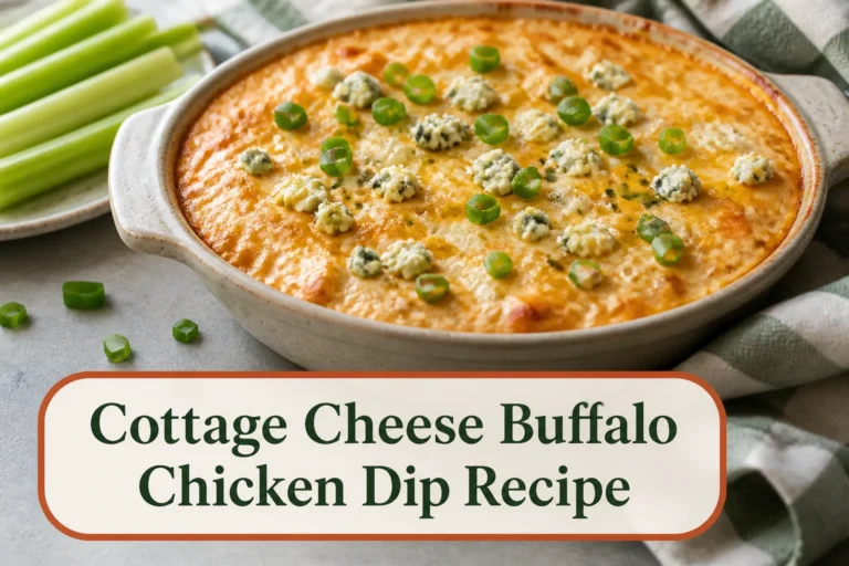 Creamy pale-orange cottage cheese Buffalo chicken dip in a small ceramic baking dish with melted cheddar, scallions and optional blue-cheese crumbles, celery nearby. The lower title bubble reads Cottage Cheese Buffalo Chicken Dip Recipe.