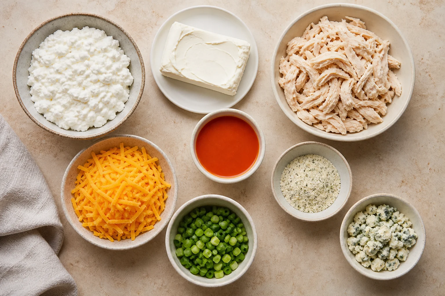 Cottage cheese, cream cheese, cooked shredded chicken, Buffalo hot sauce, ranch seasoning, cheddar, scallions and optional blue cheese in measured amounts.