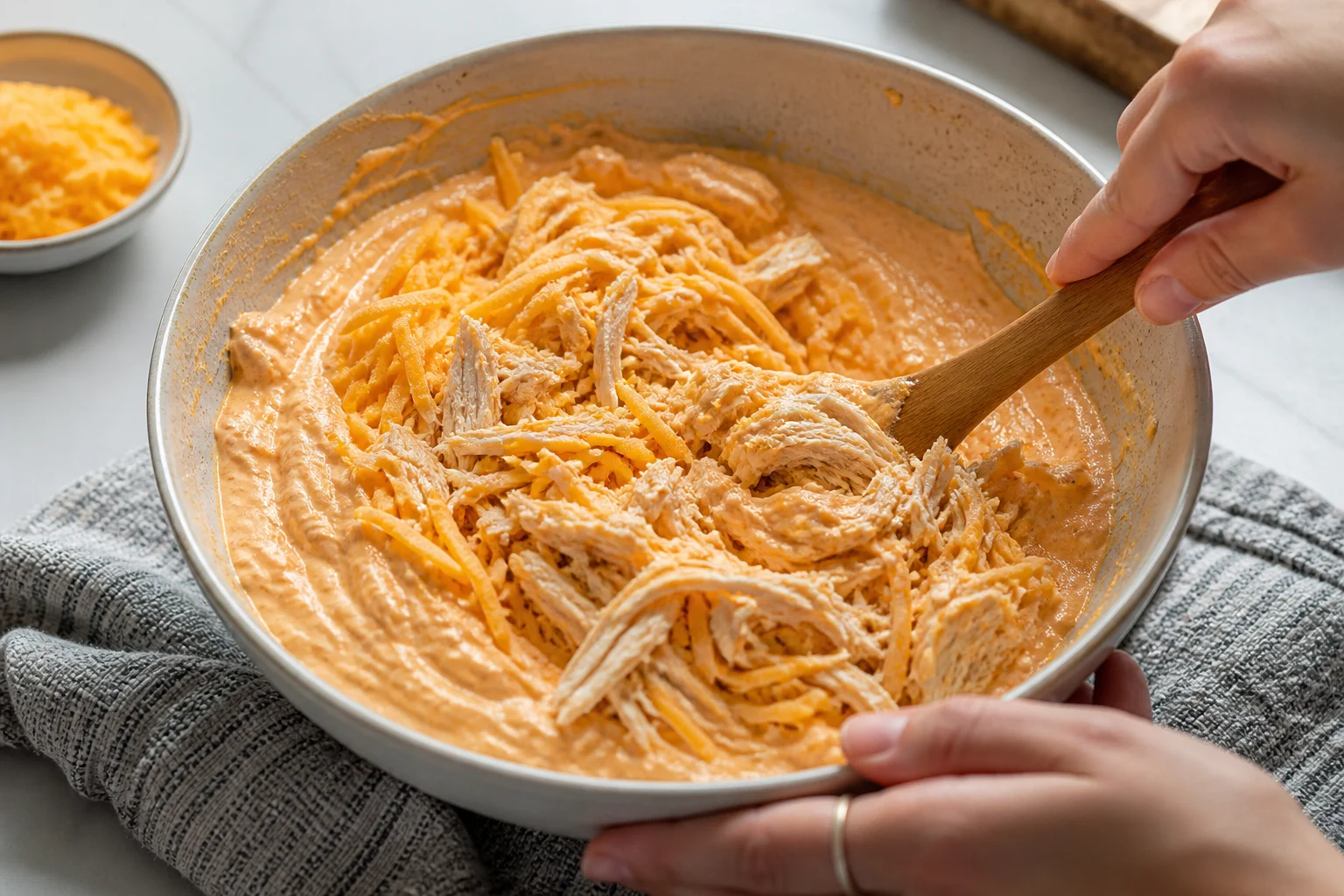 A smooth blended cottage-cheese Buffalo base being folded with shredded cooked chicken and cheddar in a mixing bowl before baking.