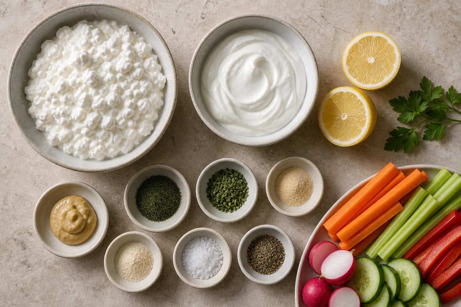 Cottage cheese, Greek yogurt, lemon, Dijon, dill, chives, garlic powder, onion powder, salt and pepper