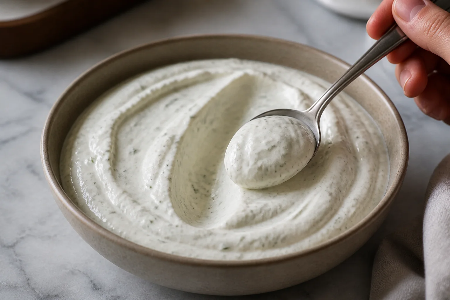 Spoon dragging through smooth cottage cheese dip and leaving a visible groove