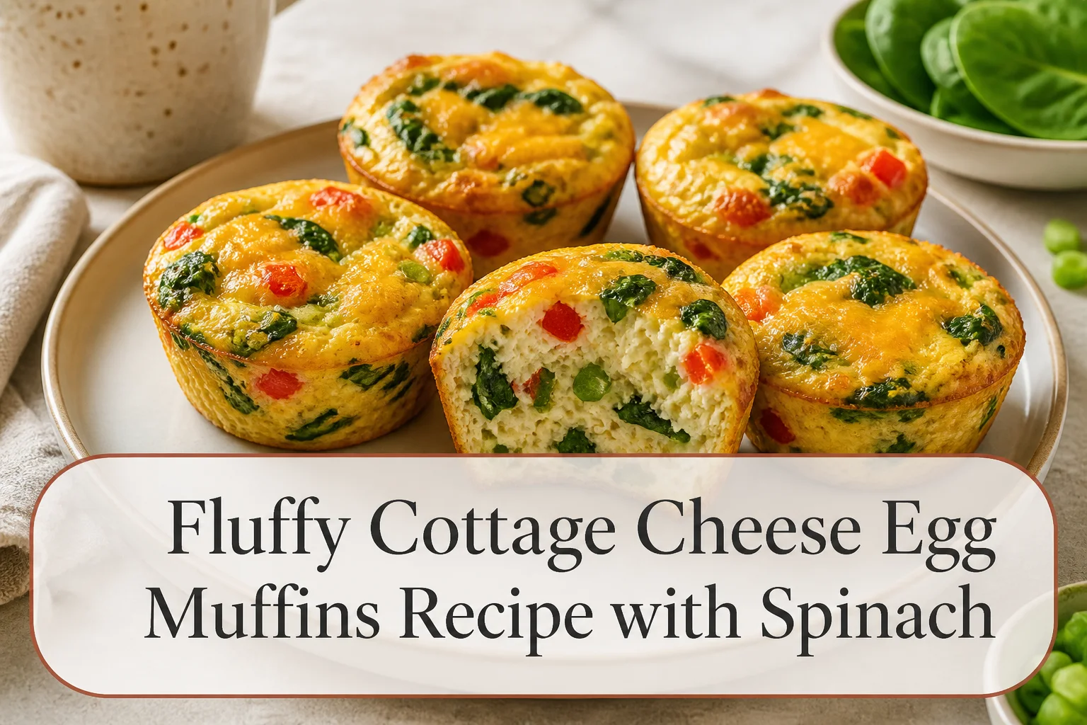 Spinach cottage cheese egg muffins with title reading Fluffy Cottage Cheese Egg Muffins Recipe with Spinach