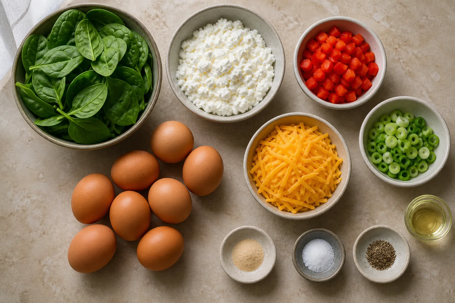 Eggs, cottage cheese, dry spinach, red pepper, green onion, cheddar and seasonings on a stone counter