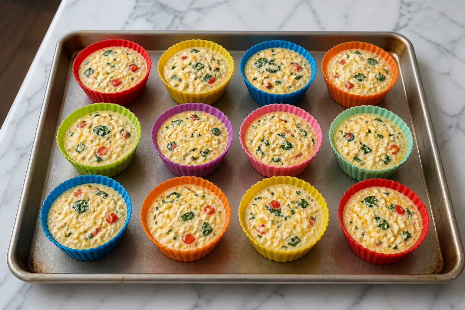 Twelve silicone muffin cups filled three-quarters full with cottage cheese egg mixture and vegetables