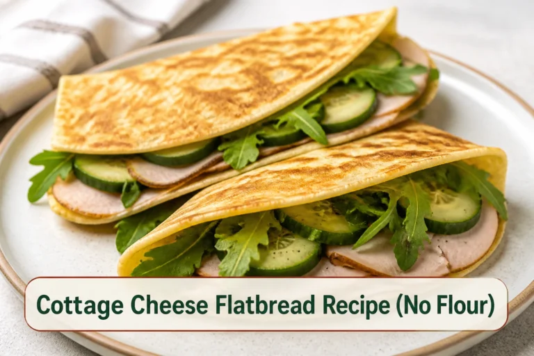 Folded no-flour cottage cheese flatbread wraps with turkey, cucumber and greens, flexible thin golden sheet visible.; title text reads Cottage Cheese Flatbread Recipe (No Flour)