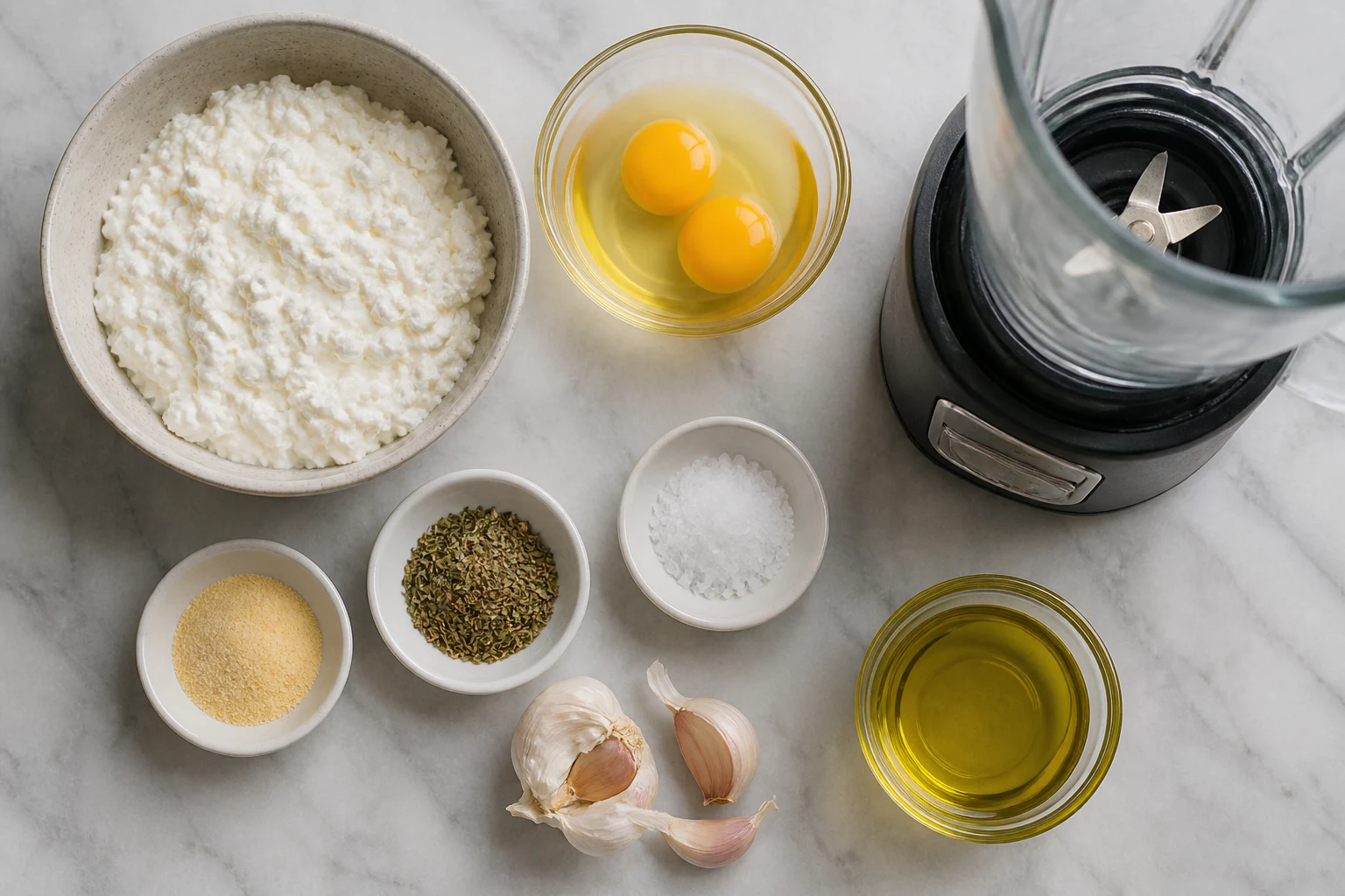 Cottage cheese, eggs, garlic powder, Italian seasoning, salt and olive oil arranged beside a blender.