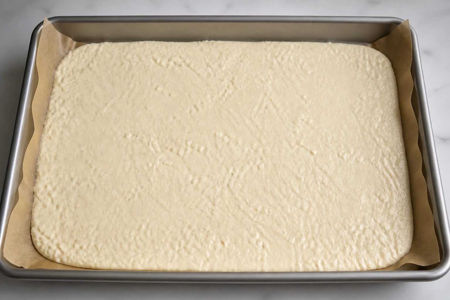 Smooth pale cottage-cheese batter spread into a thin even rectangle on a parchment-lined quarter sheet pan.