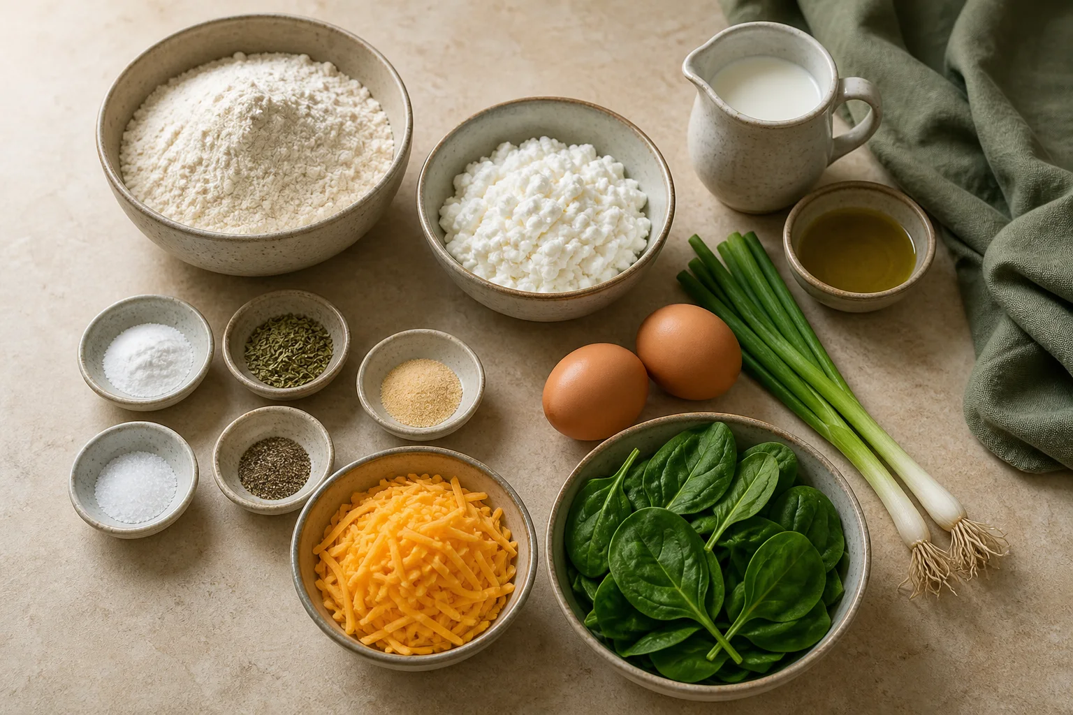 Flour, baking powder, oregano, garlic powder, salt, pepper, cottage cheese, eggs, milk, olive oil, spinach, scallions and cheddar