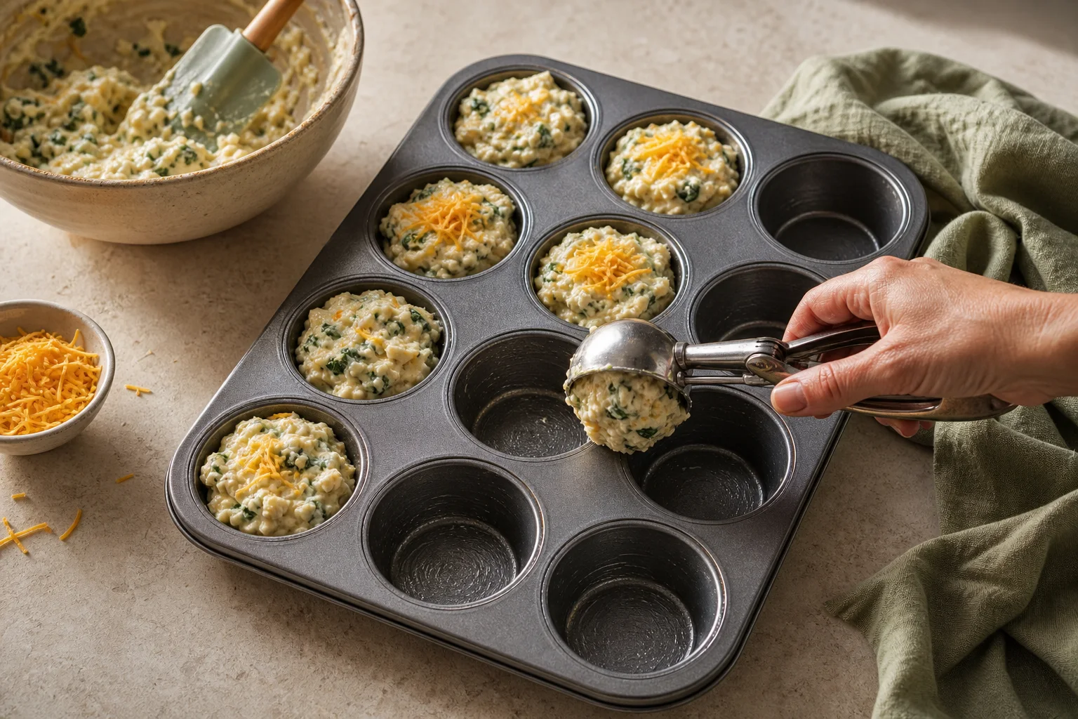Thick savory cottage cheese batter being portioned evenly into a greased twelve-cup metal muffin pan