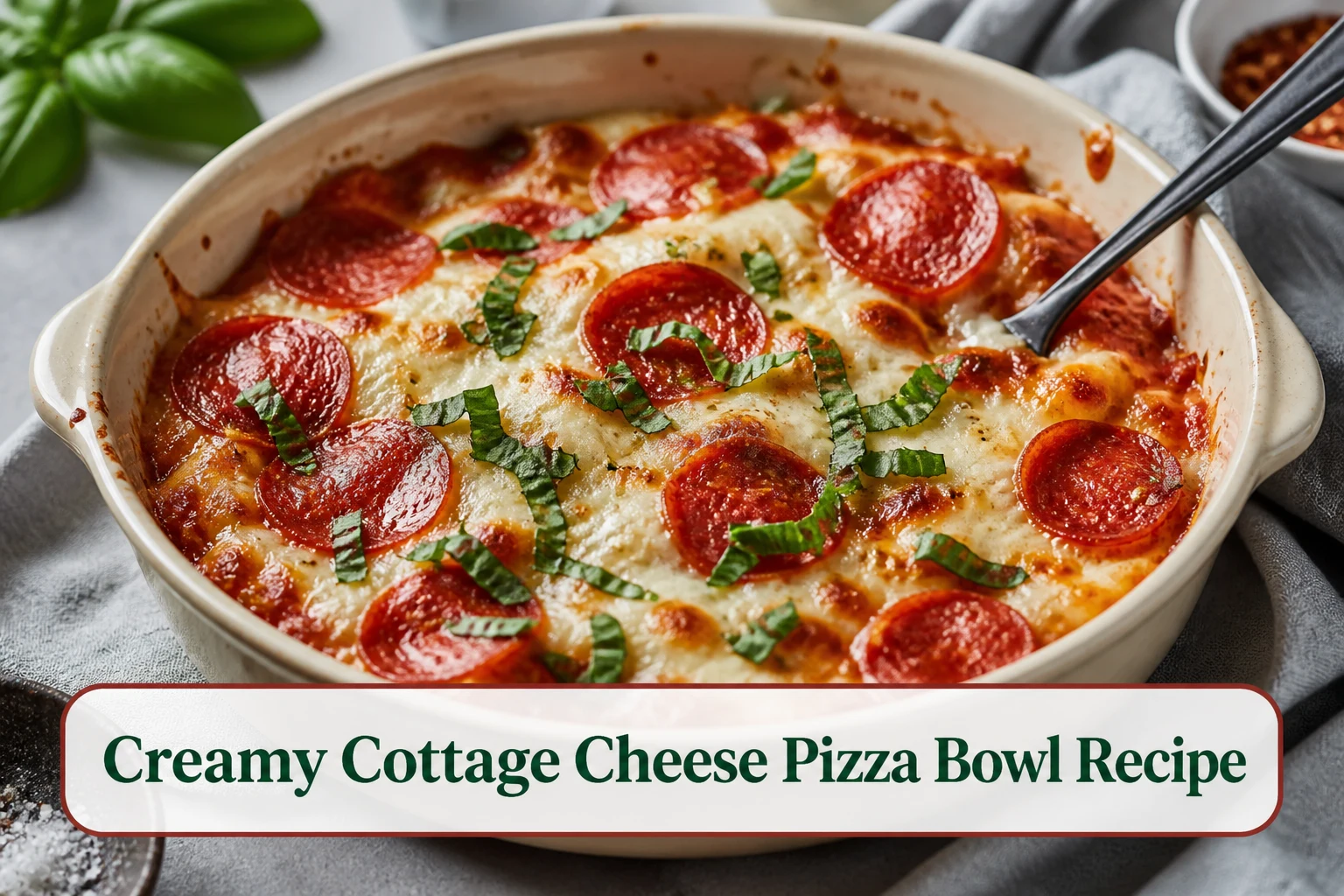 Bubbling cottage cheese pizza bowl with browned mozzarella, mini pepperoni and basil in a shallow cream ramekin.; title text reads Creamy Cottage Cheese Pizza Bowl Recipe