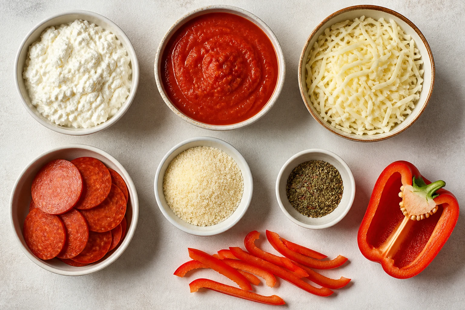 Cottage cheese, marinara, mozzarella, turkey pepperoni, Parmesan, bell pepper and Italian seasoning arranged neatly.