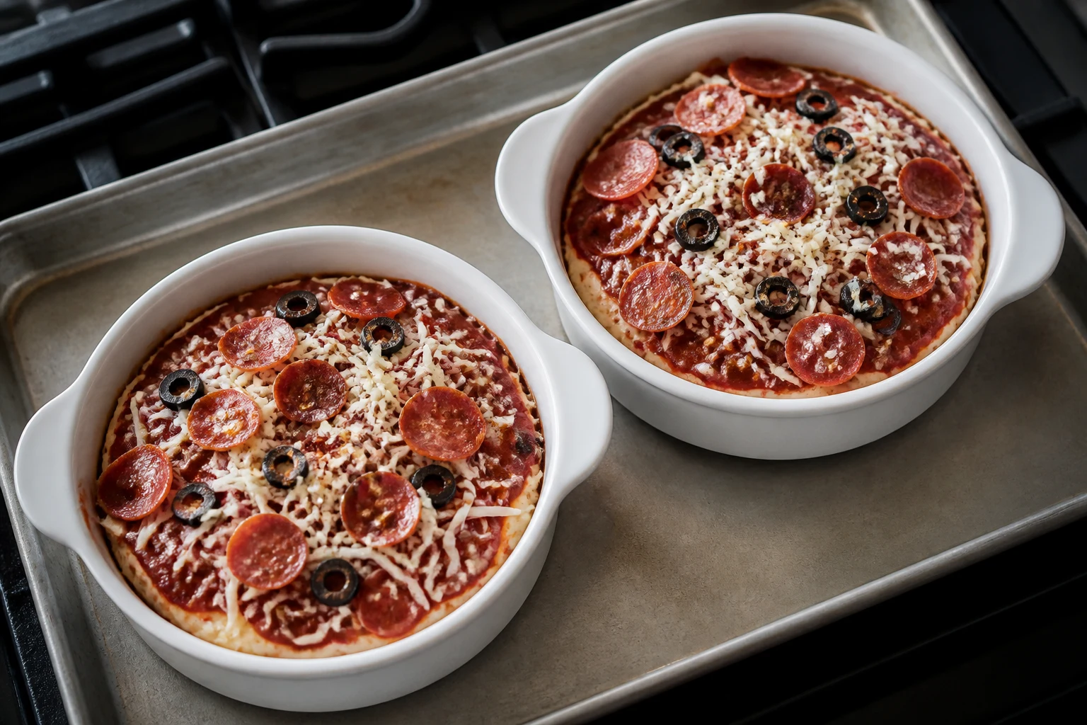 Blended cottage-cheese base layered with thick marinara and toppings in two shallow oven-safe ramekins.